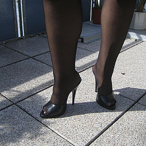 black nylons and sexy mules gallery image