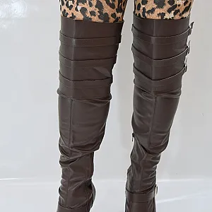 Brown leather tight high boots gallery image