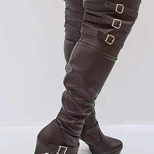 Brown leather tight high boots gallery image