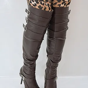 Brown leather tight high boots gallery image