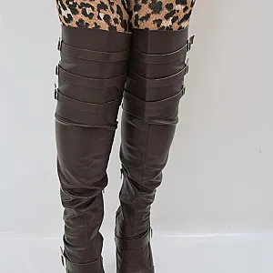 Brown leather tight high boots gallery image