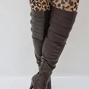 Brown leather tight high boots gallery image
