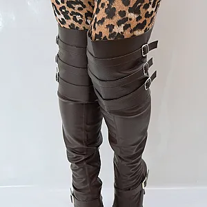 Brown leather tight high boots gallery image