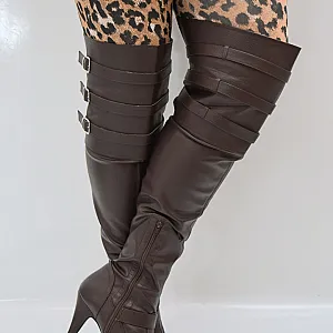 Brown leather tight high boots gallery image