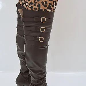 Brown leather tight high boots gallery image