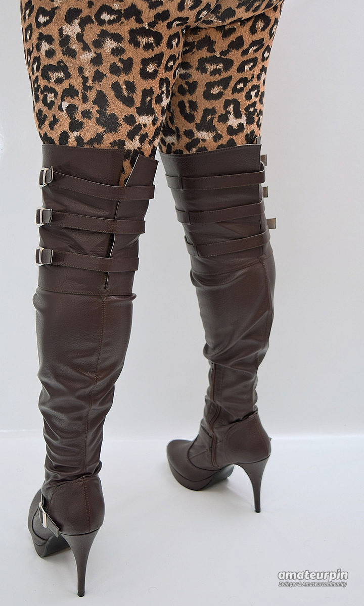 Brown leather tight high boots gallery image