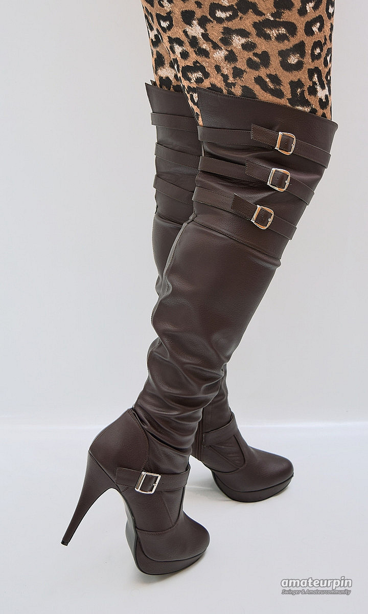 Brown leather tight high boots gallery image