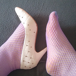 white high heels and purple netstockings gallery image