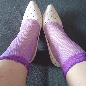 white high heels and purple netstockings gallery image