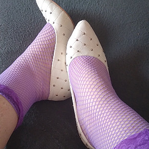 white high heels and purple netstockings gallery image