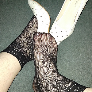 First image of WishGirl's Gallery - White high heels and black ankle socks