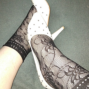 White high heels and black ankle socks gallery image