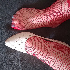 First image of WishGirl's Gallery - White high heels and red fishnet stockings