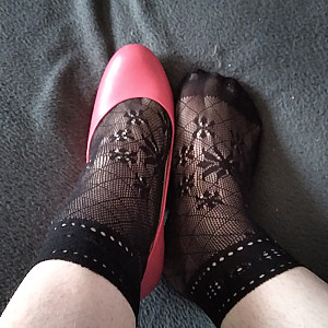 Pink heels and black ankle socks gallery image