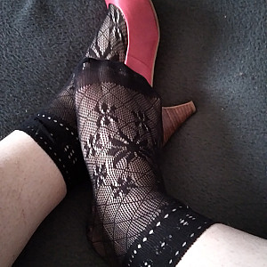 Pink heels and black ankle socks gallery image