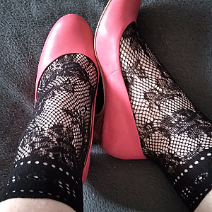 Pink heels and black ankle socks gallery image