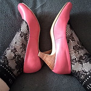 Pink heels and black ankle socks gallery image