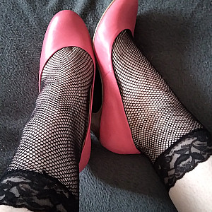 Pink heels and black ankle socks gallery image