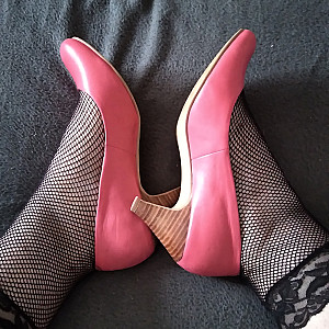 Pink heels and black ankle socks gallery image