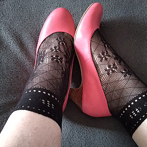 Pink heels and black ankle socks gallery image