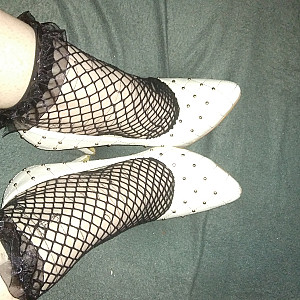 white high heels and black netsocks gallery image