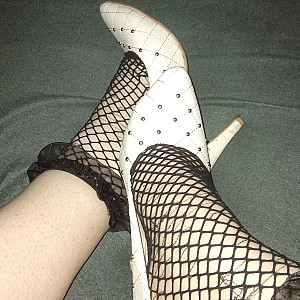 white high heels and black netsocks gallery image