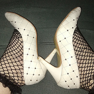 white high heels and black netsocks gallery image
