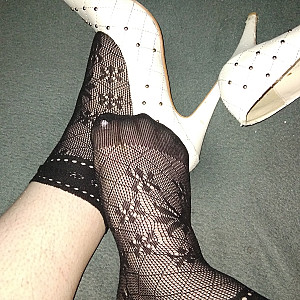 First image of WishGirl's Gallery - White high heels and black ankle socks.