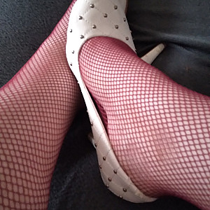 White high heels and burgundy fishnet stockings gallery image