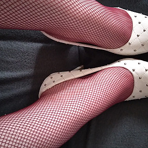 White high heels and burgundy fishnet stockings gallery image