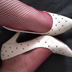 White high heels and burgundy fishnet stockings gallery image